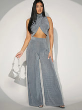 Mock Neck Wrap Cross Crop Tank Top & Wide Leg Pants